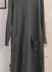 Woolen Olive Green Button-Back Dress