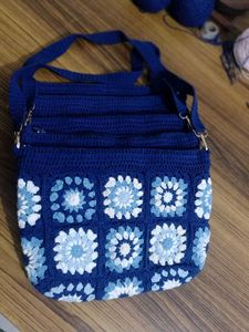 Blue Crochet Granny Square Tote Bag