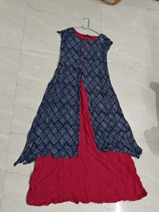 Blue & Red Dress with Jacket
