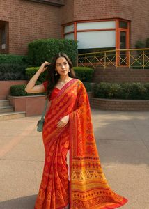🧡✨Stunning Red & Orange Printed Saree