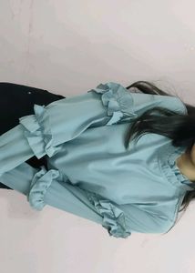 Blue Ruffled Long Sleeve Blouse