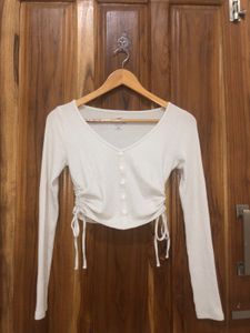 White Ribbed Button-Front Top