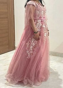 Dusty Rose Floral Applique Tulle Gown
