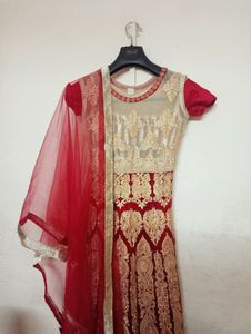 Beautiful Meroon Gown With Overcoat Dupatta And Pa