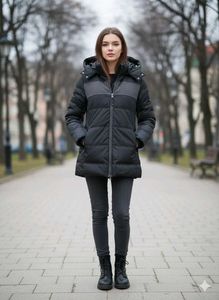 Sleek Black Puffer Jacket with Contrast Grey Panel