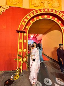 Elegant White &amp; Red Saree(Blouse unstiched)