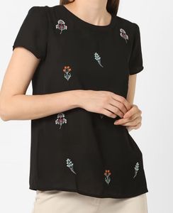 Black Floral Embroidered Short Sleeve Top