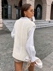 Cable Knit Split Hem round Collared Vest Sweater