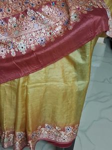 GentlyUsed MustardTusserSilk Saree withFloralBlous