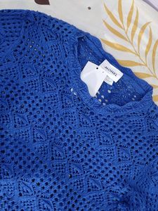Blue Crochet Knit Long Sleeve Top