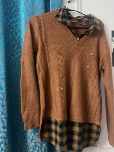 Brown Knit Sweater with Plaid Detail