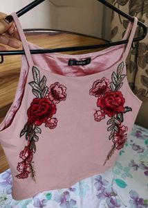 Pink Floral Embroidered Crop Top