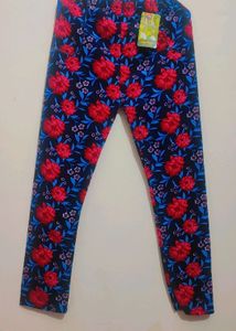Navy Blue Color Pink Flower Printed Winter Legging