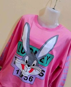 Korean Style Baggy Rabit Print Cute Pink Hoodie