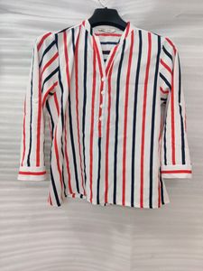 Cream Shirt With Orange And Blue Stripes