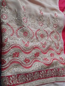 Cream Red Contrast Saree With Blouse Ready