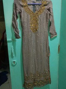 Gray &amp; Gold Embroidered Asian Dress