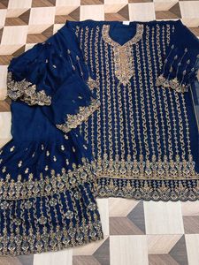 Elegant Blue Embroidered Kurta garara Set