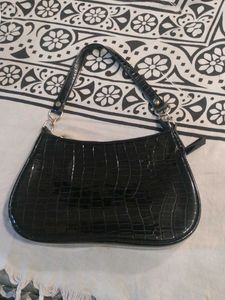 Black Croc Embossed Shoulder Bag