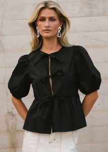 Black Puff Sleeve Tie Front Top| Korean Top