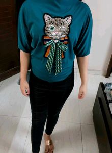 Women Teal blue Cat Bow Embellished Top