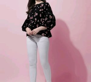 Floral Print Women Black Top