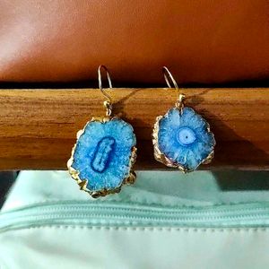 Gold Tone Agate Sea Blue Stone Earrings