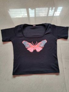 Black Ribbed Crop Top with Butterfly