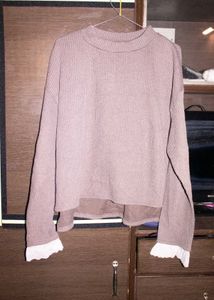 Mauve Ribbed Knit Top with Lace Cuff Detail