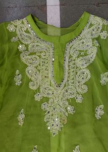 Green Chikenkari Kurti With Two Inners