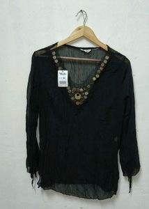 Trendy New L Black Embellished Sheer Blouse