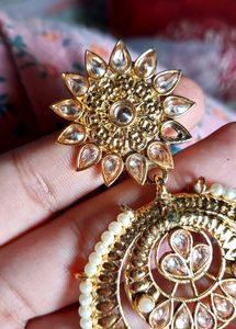 White Gold Pearl Kundan Chandbali Earrings