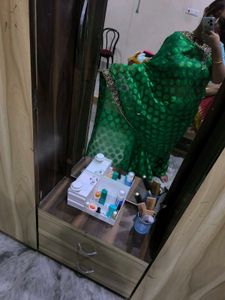 Green Leaf Saree With Yellow Stones.