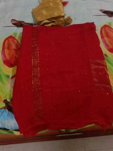 Red Saree With Ready-made Golden Blouse