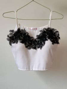 White Crop Top with Black Lace