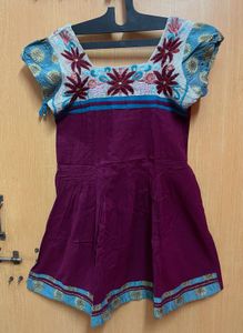 Magenta Pleated Tunic - Floral Yoke - Size L