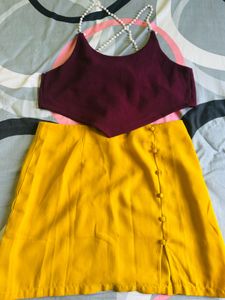 Maroon Crop Top With Yellow Mini Skirt