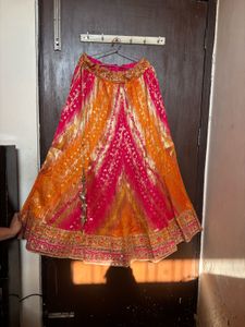 Vibrant Pink Orange Embroidered Lehenga Skirt