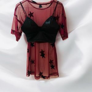 Red Mesh Top With Black Bralet