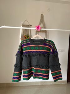ARYGLE  PRINT TASSLE GREY SWEATER