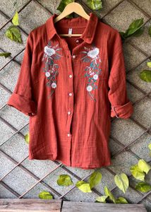 Rust Floral Embroidered Button-Down Shirt