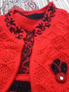 Red Knitted Girls Cardigan Set