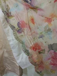 Glace Cotton, Sikvens Work, Round Neck, Pent Length 35,A Beautiful Organza Dupata