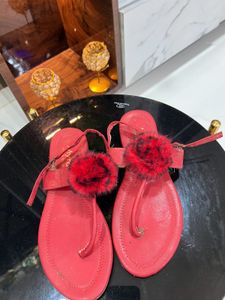 Red Fluffy beachy Sandals