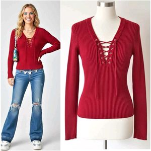 FOREVER 21 Ribbed Knit Lace-Up Top