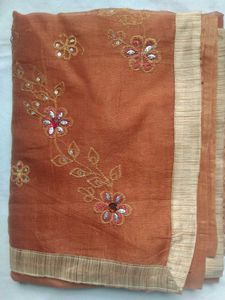Brown Net Saree With Embroidery