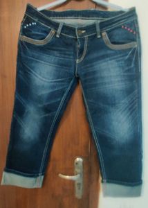 Dark Blue Low Waist Denim Capri
