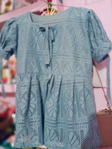 Blue Lace Tie-Sleeve Top