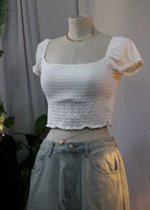 H&amp;M White Shirred Crop Top
