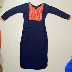 Navy Blue Kurta With Embroidery And Mirror Work